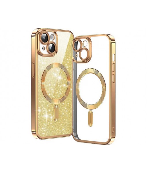 Husa iPhone 15, Crystal Glitter MagSafe cu Protectie La Camere, Gold